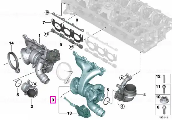 Turbocompresor cu galerie evacuare (cilindri 1‑3) - BMW Seria 2 G87 M2, Seria 3 G20 G21 G80 G81 M3, Seria 4 G82 G83 M4, X3 F97 M, X4 F98 M Retur ușor